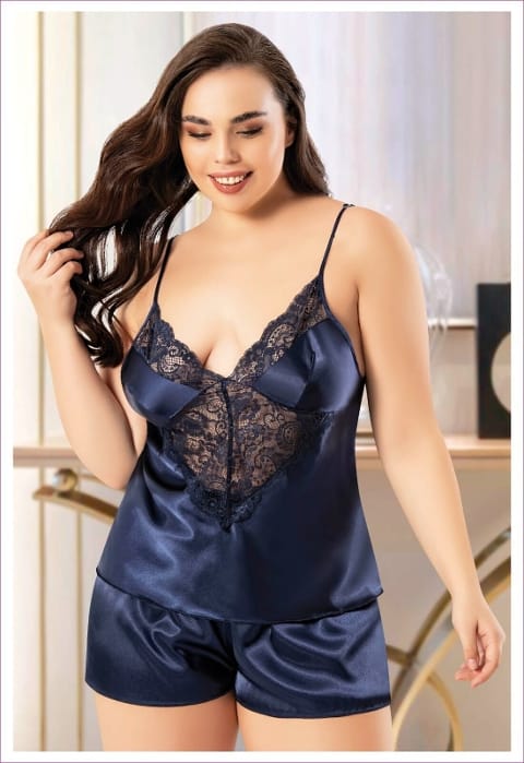 Battal Beden İnce Askılı Saten Şortlu Pijama Takımı Miss Laris 4229
