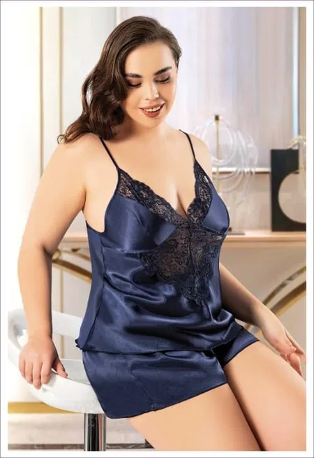 Battal Beden İnce Askılı Saten Şortlu Pijama Takımı Miss Laris 4229 - 2