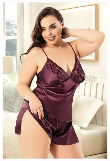 Büyük Beden Saten Şortlu Pijama Takımı Miss Laris 4237 - Mor