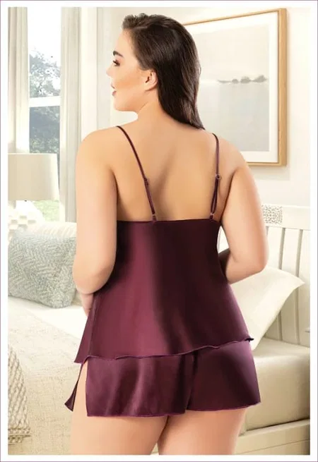 Büyük Beden Saten Şortlu Pijama Takımı Miss Laris 4237 - Mor