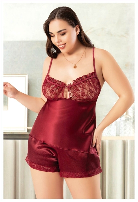 Dantelli İnce Askılı Büyük Beden Saten Şortlu Takım Miss Laris 4244 - Görsel