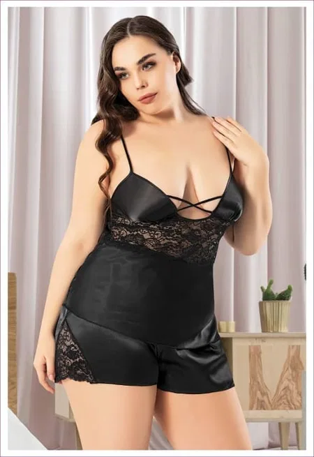 Somon Renkli Saten Şortlu Takım Büyük Beden Miss Laris 4248 - Siyah