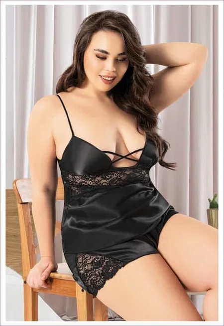 Somon Renkli Saten Şortlu Takım Büyük Beden Miss Laris 4248 - Siyah