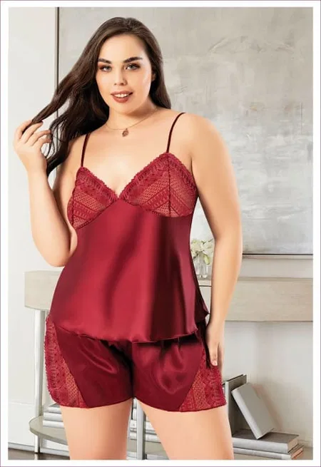 Büyük Beden Bordo Saten Şortlu Takım Miss Laris 4249 - Bordo