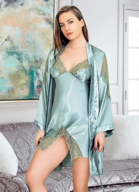 Asimetrik Dantelli İkili Saten Gecelik Takım Miss Laris 5037 - 2