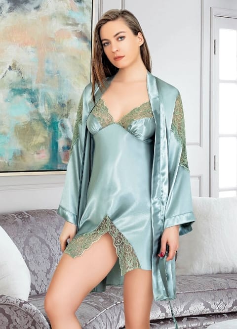 Asimetrik Dantelli İkili Saten Gecelik Takım Miss Laris 5037 - 2