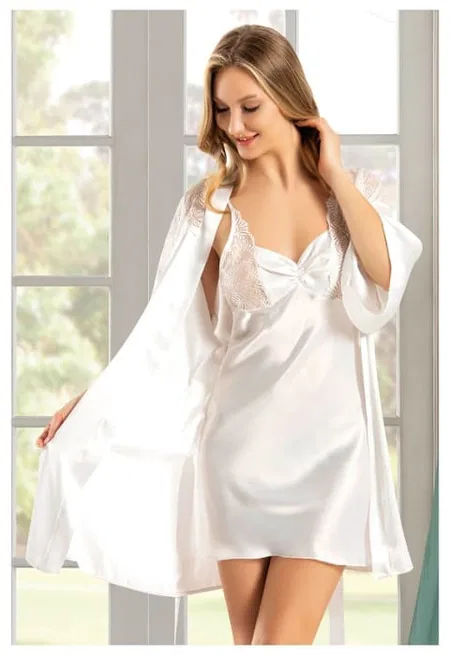 Büzgü Detaylı Dantelli Saten Kadın Gecelik Takım Miss Laris 5056 - 2