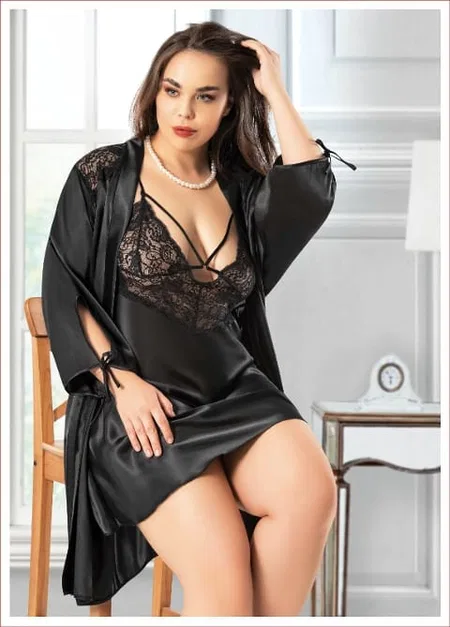 Siyah Saten İkili Takım Kadın Gecelik Miss Laris 6006 - Görsel