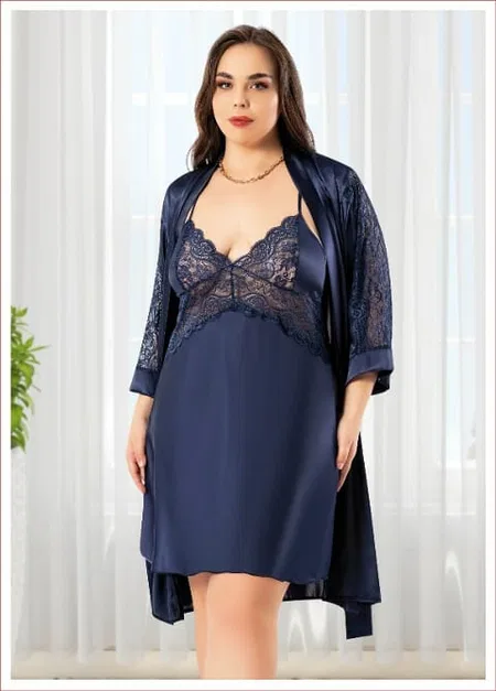 Dantelli Saten Gecelik Takım Büyük Beden Miss Laris 6009