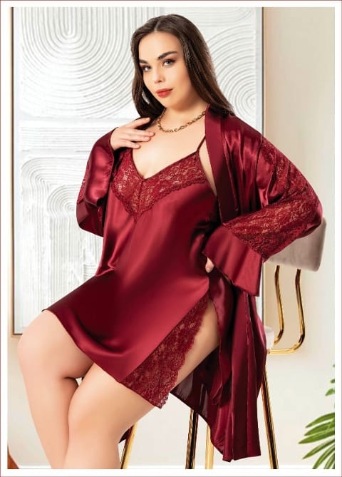 Derin Yırtmaçlı Saten Gecelik Takım Pembe Miss Laris 6010