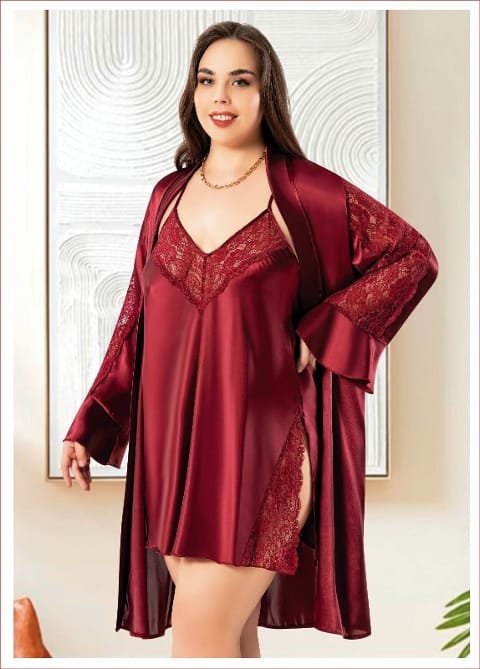 Derin Yırtmaçlı Saten Gecelik Takım Pembe Miss Laris 6010 - Görsel