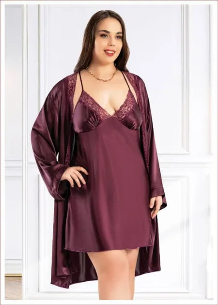 Büyük Beden Dantelli Saten Gecelik Sabahlık Takım Miss Laris 6013