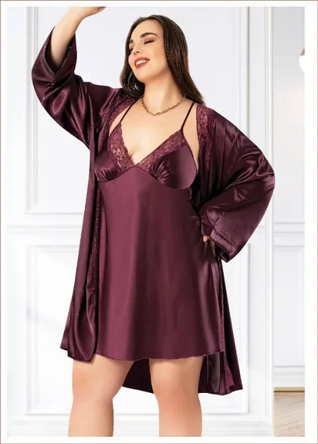Büyük Beden Dantelli Saten Gecelik Sabahlık Takım Miss Laris 6013 - 2