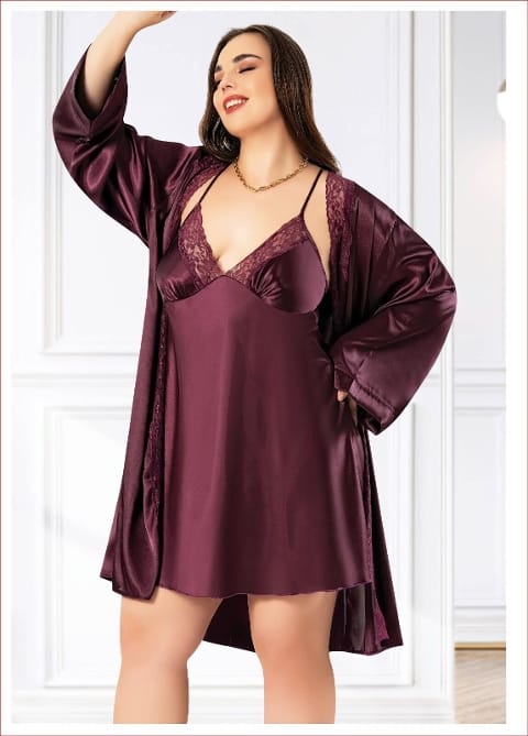 Büyük Beden Dantelli Saten Gecelik Sabahlık Takım Miss Laris 6013 - 2