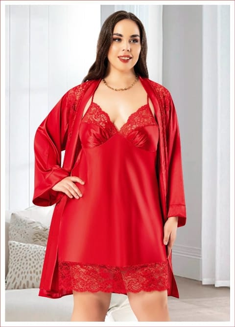 Saten İkili Sabahlık Takım Kırmızı Miss Laris 6017 - Görsel