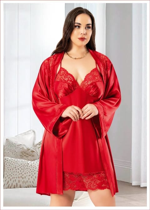Saten İkili Sabahlık Takım Kırmızı Miss Laris 6017 - Görsel
