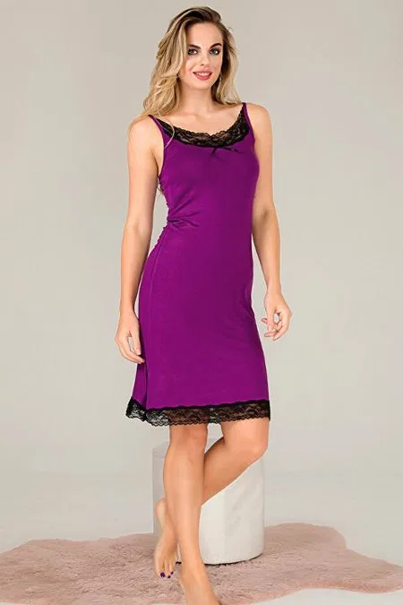Mor Dantelli İnce Askılı Kadın Gecelik Viskon Tunik Lady 5522 - 2
