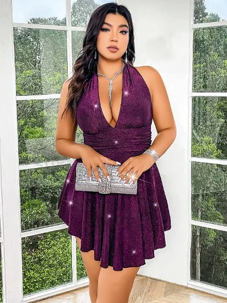 Mor Işıltılı Boyundan Bağlamalı Seksi Mini Kulüp Elbisesi Pink Night 6511