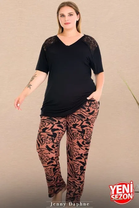 Dantelli V Yaka Kısa Kollu Büyük Beden Pijama Takımı Lady 11017 - Siyah
