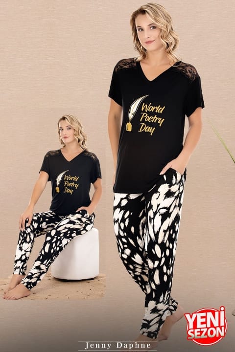 Dantel Detaylı V Yaka Kısa Kollu Pijama Takımı Lady 12589 - Siyah
