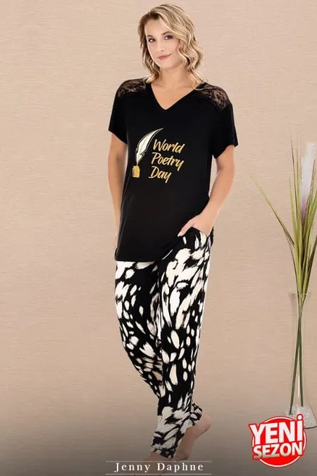 Dantel Detaylı V Yaka Kısa Kollu Pijama Takımı Lady 12589 - Siyah