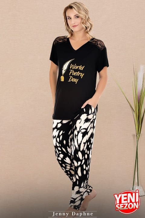 Dantel Detaylı V Yaka Kısa Kollu Pijama Takımı Lady 12589 - Siyah