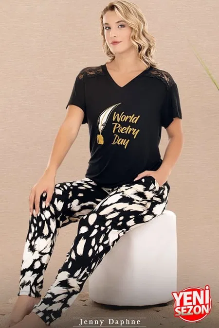 Dantel Detaylı V Yaka Kısa Kollu Pijama Takımı Lady 12589 - Siyah