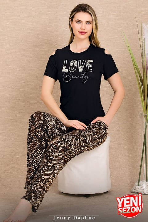 Kısa Kollu Desenli Pijama Takımı Lady 12664 - Siyah