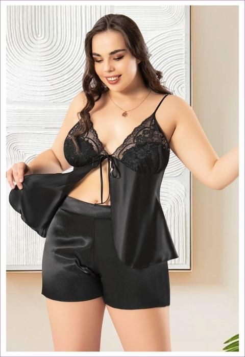 Önden Bağlamalı Büyük Beden İnce Askılı Saten Şort Pijama Takımı Miss Laris 4241