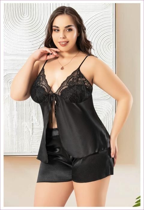 Önden Bağlamalı Büyük Beden İnce Askılı Saten Şort Pijama Takımı Miss Laris 4241 - Siyah