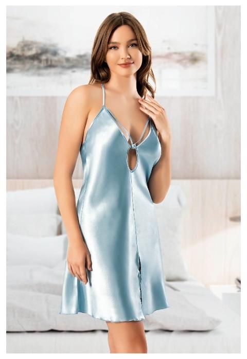 Önden Yırtmaçlı Göğüs Dekolteli Kısa Saten Gecelik Miss Laris 2113 - Mavi