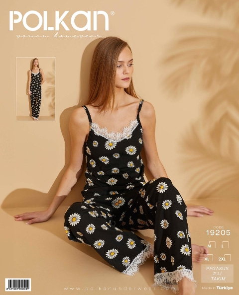 Polkan Papatya Desenli Siyah Askılı Kadın Pijama Takımı Polkan 19205
