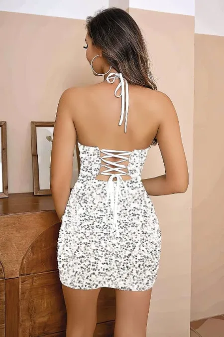 Payetli Beyaz Midi Elbise Dekolteli Kulüp Pink Night 1107 - 2