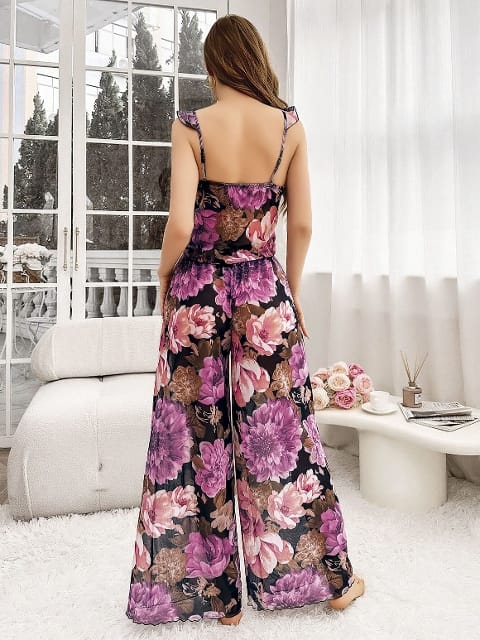 Pembe Çiçek Desenli Siyah Asklı Bluz Pantolon Takım Pink Night 1458 - 2