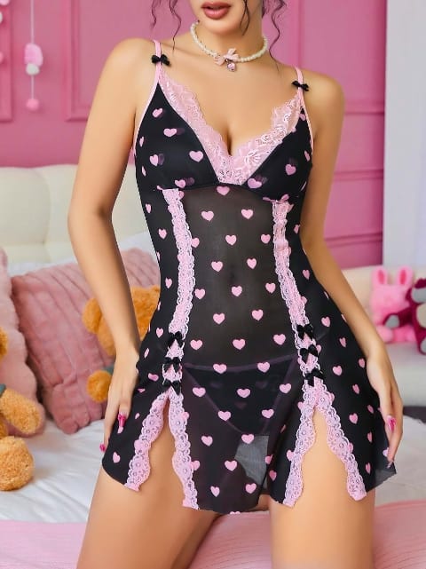 Pembe Kalp Desenli Dantel Kenarlı Tek Parça Body Lily Bianca 180