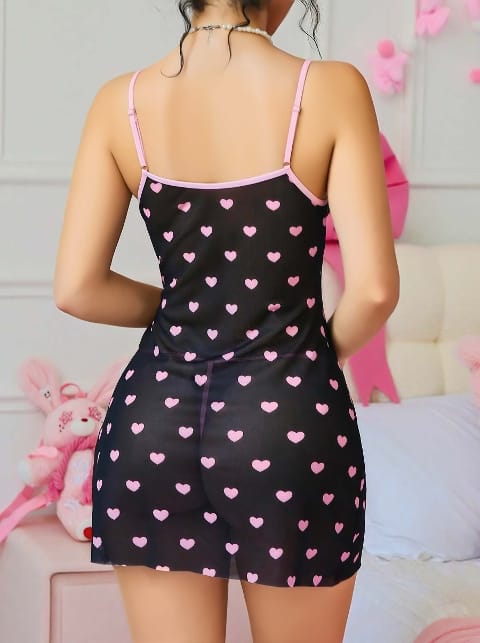 Pembe Kalp Desenli Dantel Kenarlı Tek Parça Body Lily Bianca 180 - Siyah