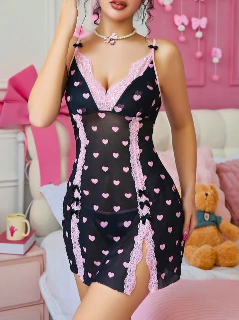 Pembe Kalp Desenli Dantel Kenarlı Tek Parça Body Lily Bianca 180 - Siyah