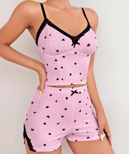 Leopar Desenli Dantel Detaylı Askılı Şort Takım Lily Bianca 13006 - Pembe