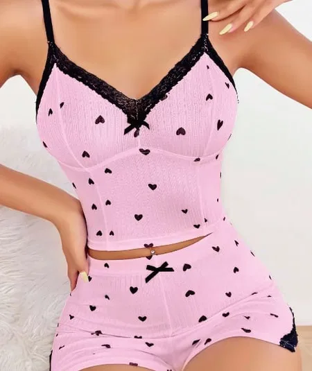 Leopar Desenli Dantel Detaylı Askılı Şort Takım Lily Bianca 13006 - Pembe