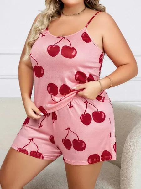 Leopar Desenli Büyük Beden Askılı Şort Pijama Takımı Lily Bianca 13074 - Pembe