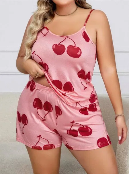 Leopar Desenli Büyük Beden Askılı Şort Pijama Takımı Lily Bianca 13074 - Pembe