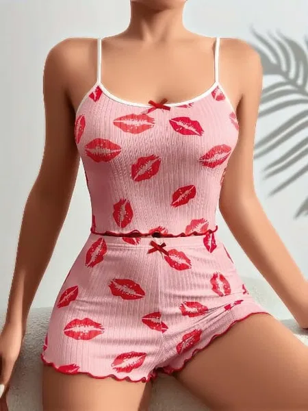 Leopar Desenli Dantel Askılı Şort Takım Lily Bianca 13012 - Pembe