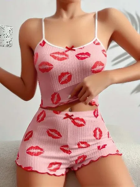 Leopar Desenli Dantel Askılı Şort Takım Lily Bianca 13012 - Pembe