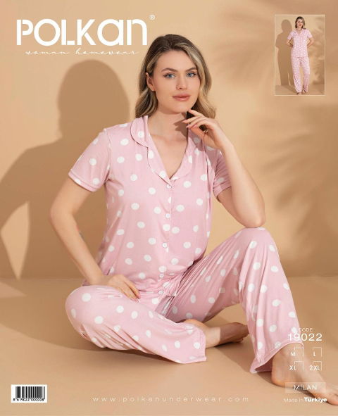 Pembe Viskon Puantiyeli Kısa Kollu Pijama Takımı Polkan 19022