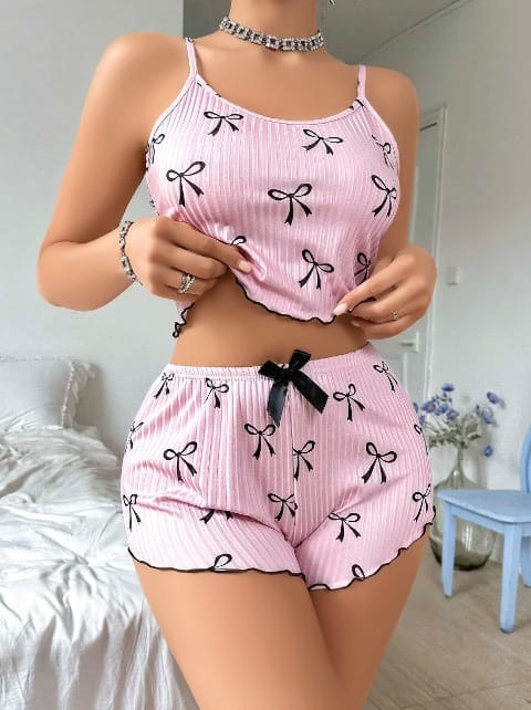 Kurdela Desenli Yazlık Şort Pijama Takımı Lily Bianca 13095 - Pembe