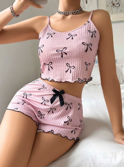 Kurdela Desenli Yazlık Şort Pijama Takımı Lily Bianca 13095 - Pembe