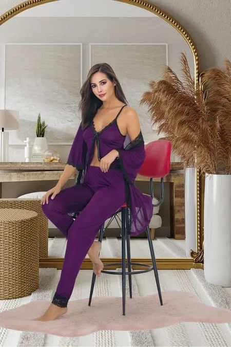 Mor Dantelli Kadın Pijama Sabahlık Takımı İzabel 5012 - Mor