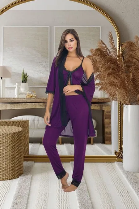 Mor Dantelli Kadın Pijama Sabahlık Takımı İzabel 5012 - Mor