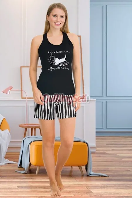 Çizgili Kedili Şortlu Pijama Takımı Lady 7724 - Siyah