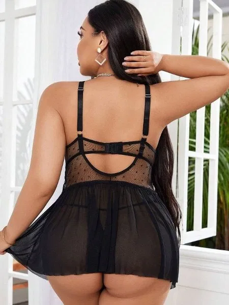 Ruselin Puantiyeli Transparan Dantelli Büyük Beden Body Ruselin 8007 - Görsel 2